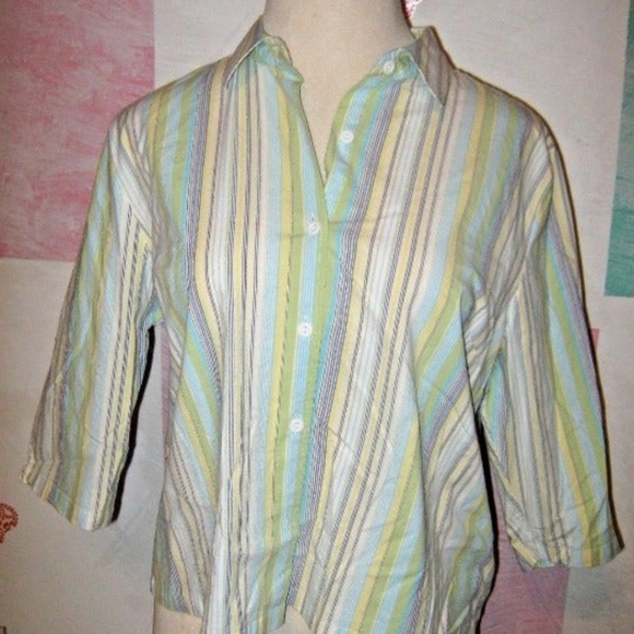 CJ Banks Tops - Blue White Green Yellow Stripe Button Shirt 1X